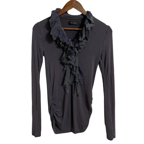 Miss Me Tops - MM Couture By Miss Me Women's Gray Ruffle Button Ruched Long Sleeve Blouse Small